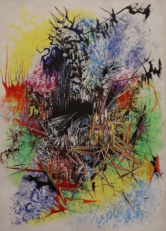 Werkstattszene mit abstrakten Leinwänden von Jochen Franke